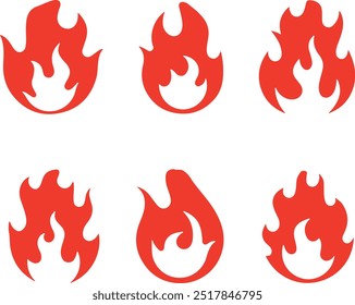 Icono establecido sobre fuego, llama, calor, calor, quemar, quemar, hoguera, llamas, peligro, fogata, inflamable. Iconos rojos, Ilustraciones vectoriales planas, aislados en blanco, fondo transparente