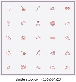 icon set about fishing with   fishing hook, fishing coil and fly