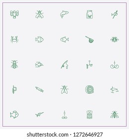 icon set about fishing with keywords hunting jacket, fishing coil and fishing rod