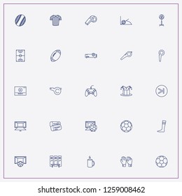 icon set about football with keywords player, cup and rugby ball