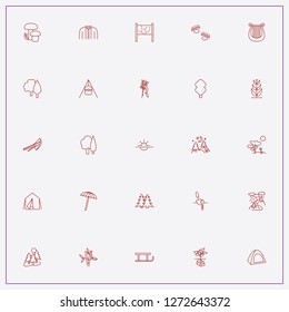 icon set about forest with keywords crossbow, picnic umbrella and camping tent
