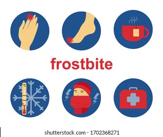 Icon set about frostbite. Vector illustration with hand, foot, thermometer, snowflake, hot drink cup, first aid kit, man in a scarf and hat.