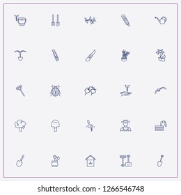 icon set about gardening with keywords bee house, garden rake and plants