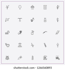 icon set about gardening with keywords garden hose, watering can and construction trolley