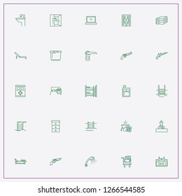icon set about hotel with keywords bath cabin, service staff trolley and decker bed