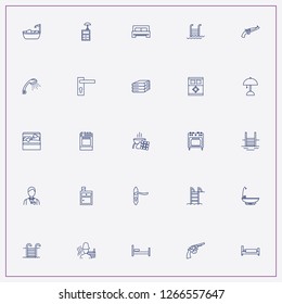 icon set about hotel with keywords lamp on bedside table, shower head and bath