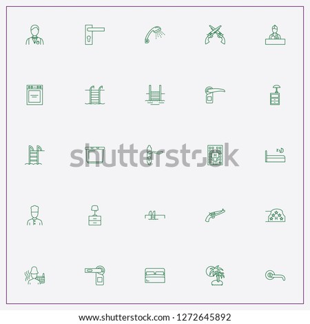 icon set about hotel with keywords bathhouse, hotel five stars and door hanger