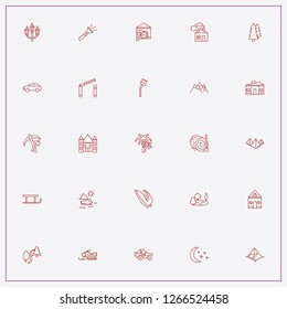 icon set about landscape with keywords farm, lake and hammer and ice ax