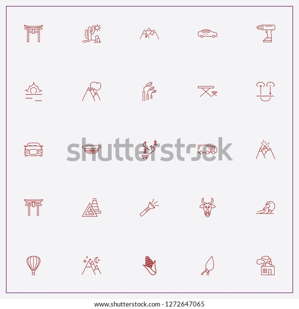 icon set about landscape with keywords sea peaked
cap, drill and car