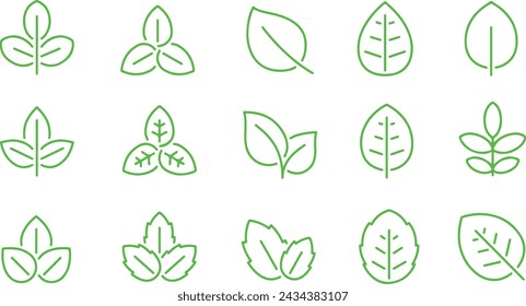 Icon set about leaf, leaves of green plants. Thin line icons, flat vector illustrations, isolated on white, transparent background	
