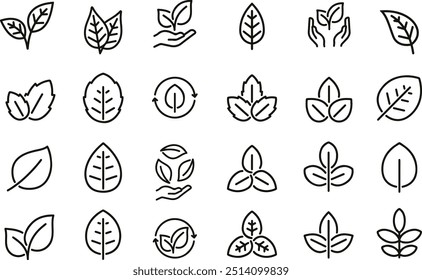 Icon set about leaf, leaves of green plants. Thin line icons, flat vector illustrations, isolated on white, transparent background Leaf simple line icons set. Vegetraian organic symbols collection.