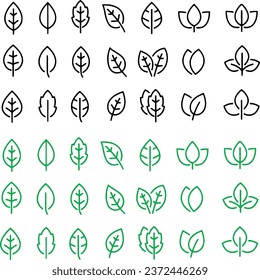 Icon set about leaves of plants with green and black colors. Isolated on white or transparent background, vector illustrations.
