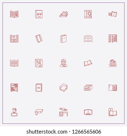 icon set about library with   library employee, library building and book shelves with table