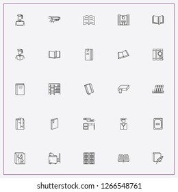 icon set about library with keywords searching book, books and book shelves with table