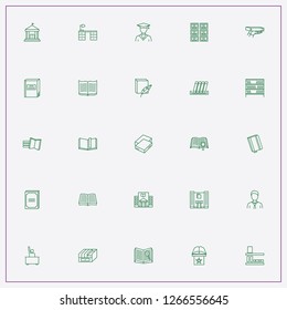 icon set about library with keywords book shelve, magic book and student