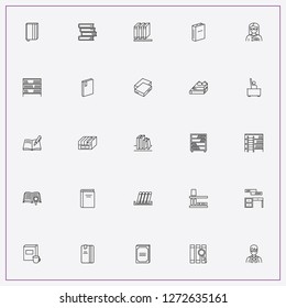 icon set about library with keywords book shelves, book and library employee