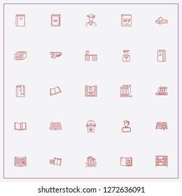 icon set about library with keywords math book, library building and library desk