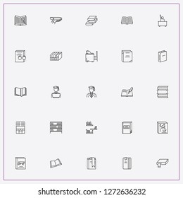 icon set about library with keywords shelf with cupboards, bookshelves and book