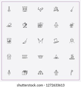 icon set about magic with keywords cauldron, cylinder hat and broom