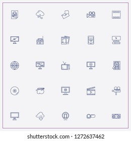 icon set about media with keywords worldwide online, video camera with display and retro tape