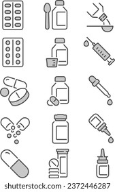 Icon set about medicine dosage forms, such as container, medicament, painkiller,pills, drugs, bottle, capsule. Isolated on white or transparent background, monochrome vector illustrations.