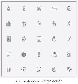 icon set about medicine with keywords atom molecule, toothpaste with brush and microscope