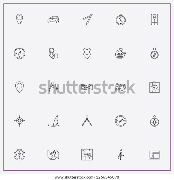 icon set about navigation with keywords\
sailing ship, forest map and navigation\
strip