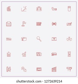 icon set about office with keywords printer, money check sign and city buildings