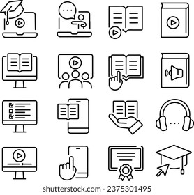 Icon set about online education, online school, e-learning, webinar. Isolated on white or transparent background, monochrome flat vector illustrations, simple thin line icons.