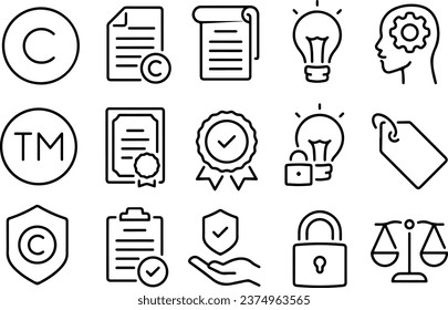 Icon set about patent, trademark, copyright, trade secret, intellectual property, and brand. Isolated on white or transparent background, monochrome vector illustrations.