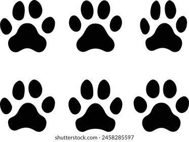 Icon set about paw and foot print of dogs and cats. Isolated on white or transparent background, monochrome vector illustrations