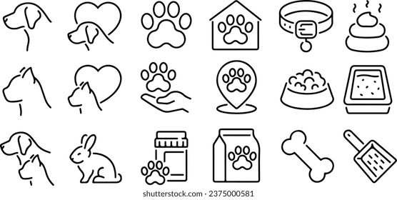Icon set about pet care and veterinary. Isolated on white or transparent background, monochrome vector illustrations.