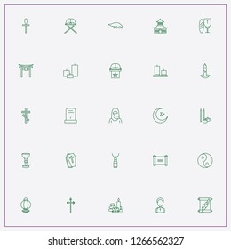 icon set about religion with  magic book, candle and japanese temple