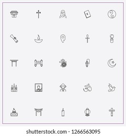 icon set about religion with  temple, funeral portrait and christian crest