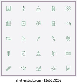 icon set about school with keywords pens, books and jockey uniform