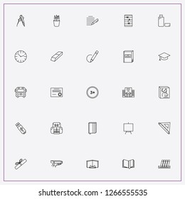 icon set about school with keywords painting stand, student hat and flash card
