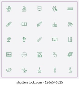 icon set about science with keywords telescope, laboratory flask and asteroid