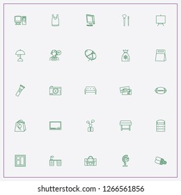 icon set about space with keywords table, sport shirt and bag