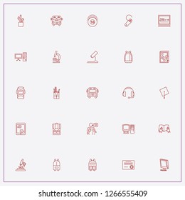 icon set about student with keywords pencil box, school bus and mobile chatting