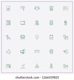 icon set about student with keywords school bus, flash card and reading book with earphone