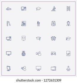 icon set about student with keywords pencil box, notice board and flash card