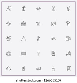 icon set about summer with keywords juice glasses, wdding dress and backpack
