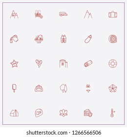 icon set about summer with keywords garden sprinkler, eggplant and tent