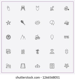 icon set about summer with keywords surf board, bar shaker and travel