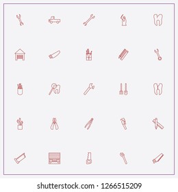 icon set about tools with keywords shovel with pitchfork, caries of tooth and pencil box