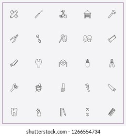 icon set about tools with keywords garden rake with shovel, saw and pencil and scale