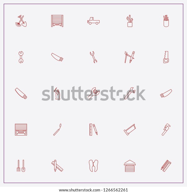 icon set\
about tools with pencil box, saw and\
pickup