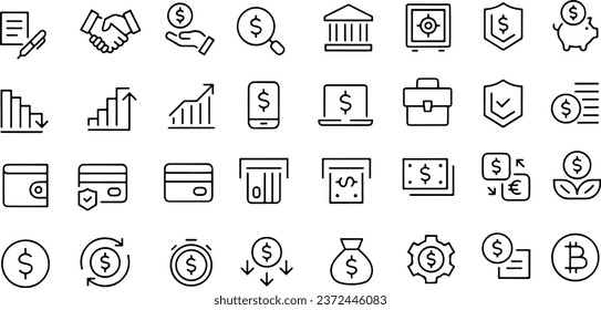 Icon set about US Dollar based finance terms such as saving, bank, currency, wallet, cash, charts, online banking, and investment. Isolated on white or transparent background, monochrome vectors.