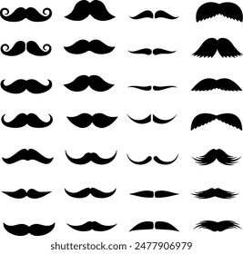 Icon set about various mustache whisker tendril. Icons, flat vector illustrations, isolated on white, transparent background.