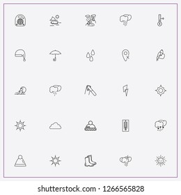 icon set about weather with keywords thunder, bucket of water and thermometer